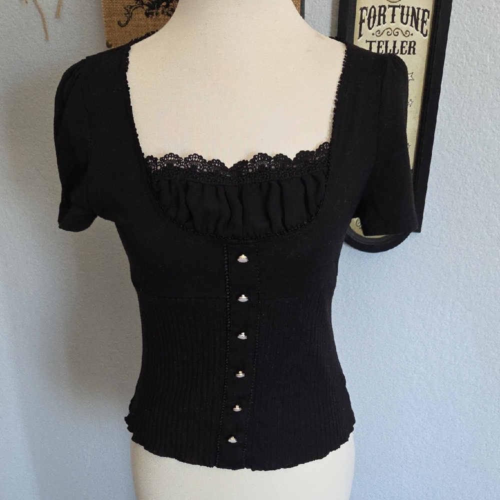 SHEIN Black Lace-Trim Button Front Knit Top Small